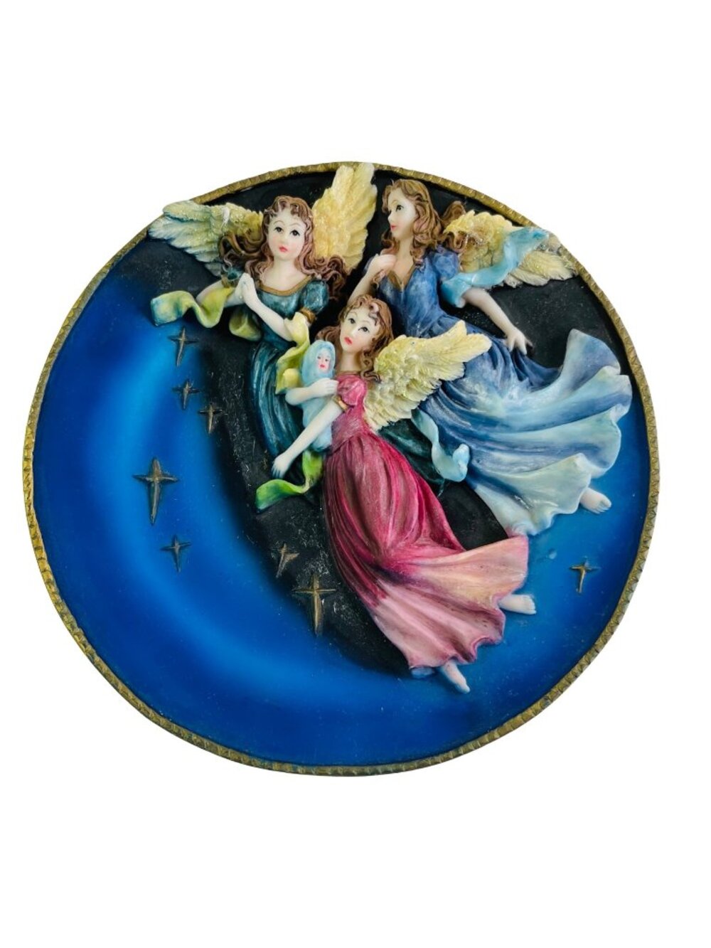 Vintage 3D Guardian Angels Decorative Relief Collector Plate Hand Painted 7”